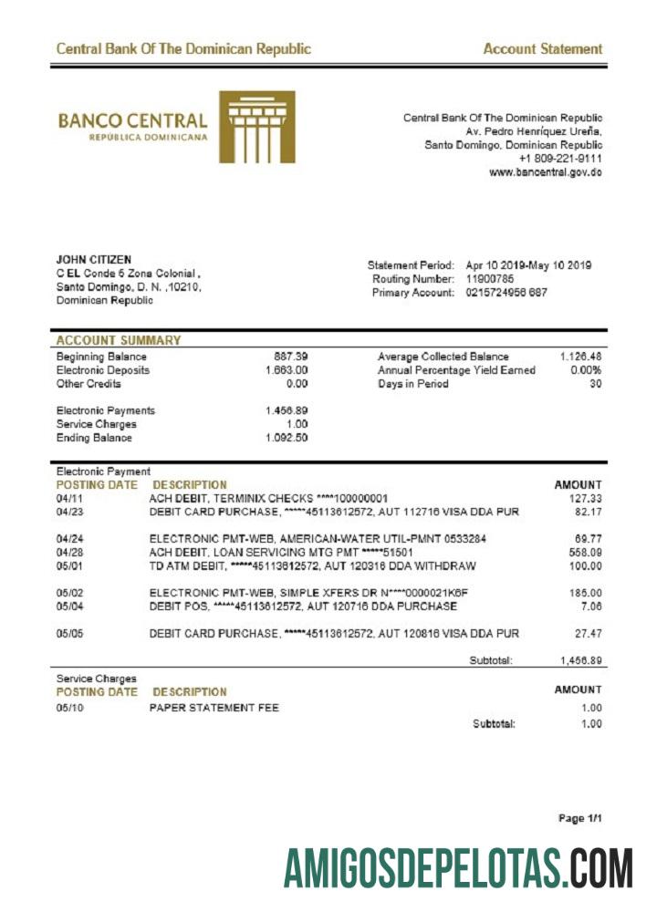 República Dominicana Banco Central da República Dominicana Extrato Bancário Te amostra